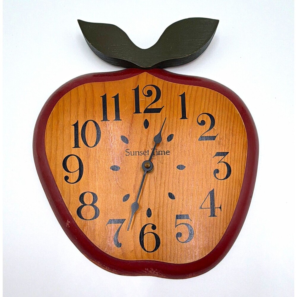 Sunset Time Apple-Shaped Wooden Hanging Wall Clock Analog Quartz Arabic Numerals